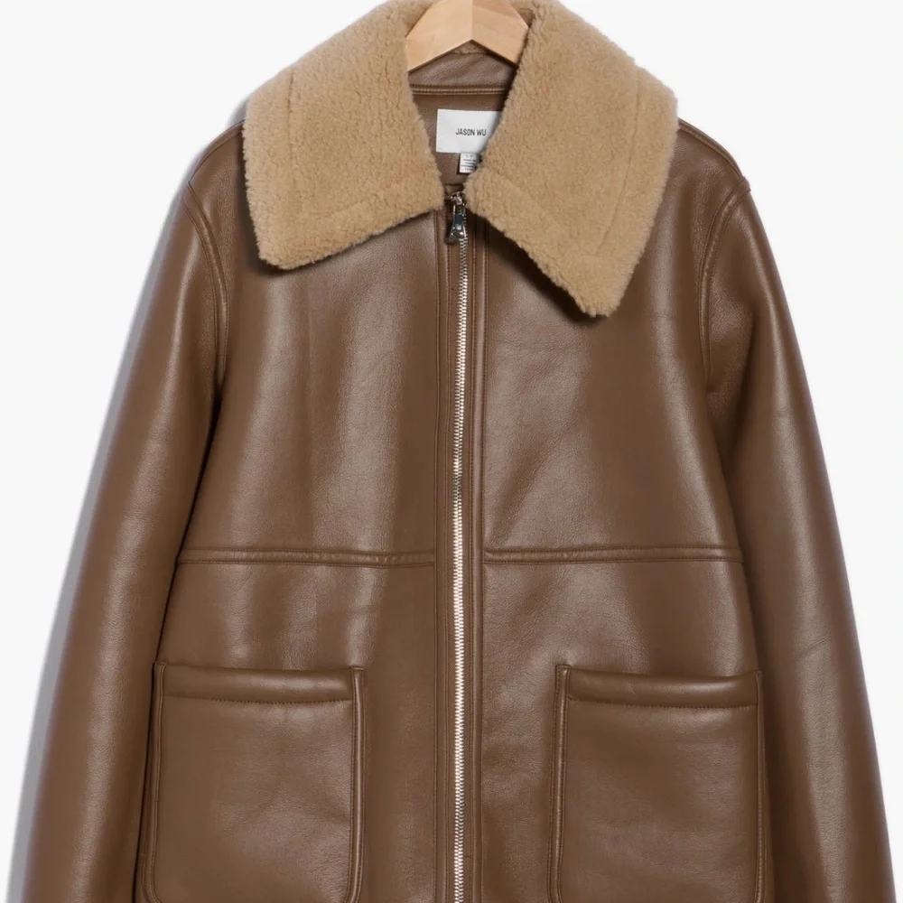 NWT JASON WU Faux Shearling Collar Faux Leather Coat Brown / Tan